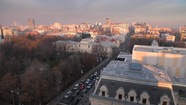 Bucharest from above during a winter sunrise. 4k video with the main landmarks from Calea Victoriei in Bucharest, Romania, filmed in the morning.