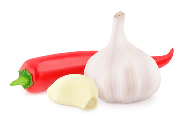 Composition with fresh garlic, chili pepper and ginger isolated on white background.