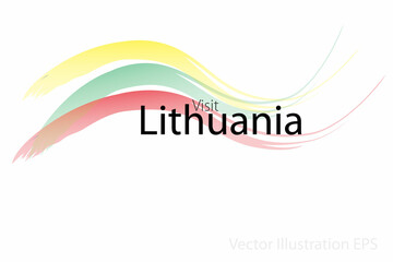 Fototapeta na wymiar the slogan visit Lithuania with curved waves in watercolor style which are in the colors of the national flag. Vector Illustration