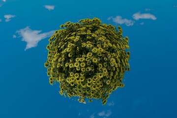 The concept of peace in europe. Earth with yellow sunflowers and a clear blue sky, colors of the Ukrainian flag. 3d render. - 491587260