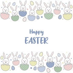 Easter greeting card with cute bunnies and eggs. Vector