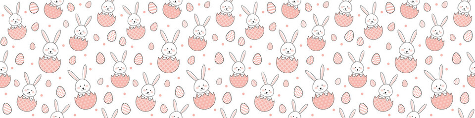 Easter pattern with bunnies and eggs. Banner. Vector