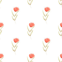 Watercolor seamless pattern with red flowers on white flowers