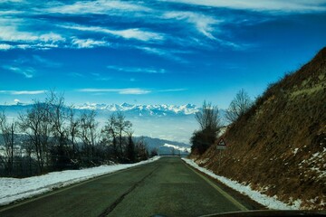 the monviso mountain range and the Piedmontese Langhe after a snowfall in the winter of 2022