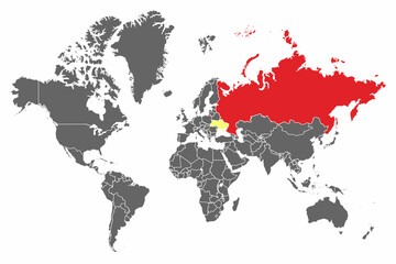 Grey world map with red Russia and yellow Ukraine.