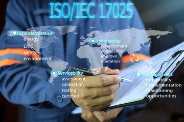 Inspectors under ISO/IEC 17025 are holding clipboards and checklists during work. World map icon and quality system certification - obrazy, fototapety, plakaty