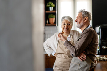 Happy senior couple communicating while having fun in the kitchen together