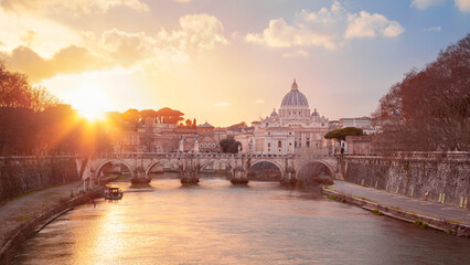 Rome, Italy. Cityscape image of Rome, Italy with the Holy Angel Bridge and St. Peter's Basilica,...