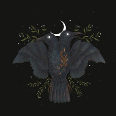 illustration of a dead wild crow with worms and maggots with plant elements. magical elements. ideal for printing on a calendar, fabric, postcard and design