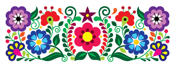 Fototapeta na wymiar Mexican embroidery style vector floral pattern, colorful ornament inspired by folk art from Mexico, traditional craft vibrant background 