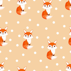 Seamless pattern with cute fox and decorative polka dots. Texture with animals for textiles, wallpaper or print design. Vector illustration.