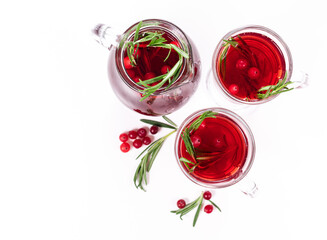 Cranberry tea or refreshing cocktail with cranberry and rosemary isolated on white background. Top...