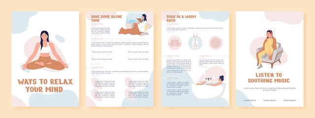 Ways to relax your mind flat vector brochure template. Booklet, leaflet printable flat color designs. Simple magazine page, reports kit with text space. Nerko One, Quicksand, Comfortaa fonts used
