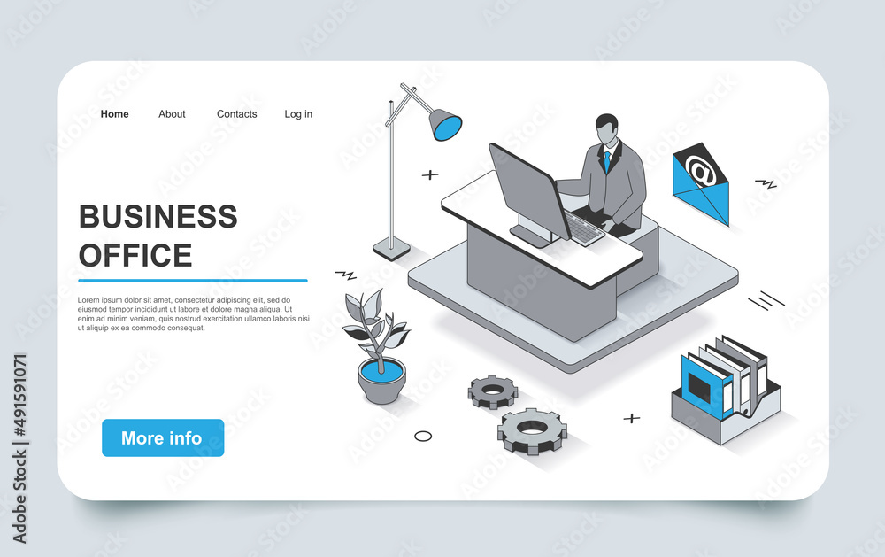 Poster business office concept in 3d isometric landing page outline design. employee works on computer at w