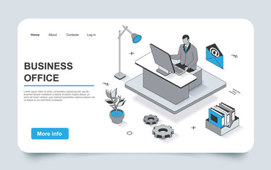 Business office concept in 3d isometric landing page outline design. Employee works on computer at workplace, workflow and document management in company, line web template. Vector illustration.