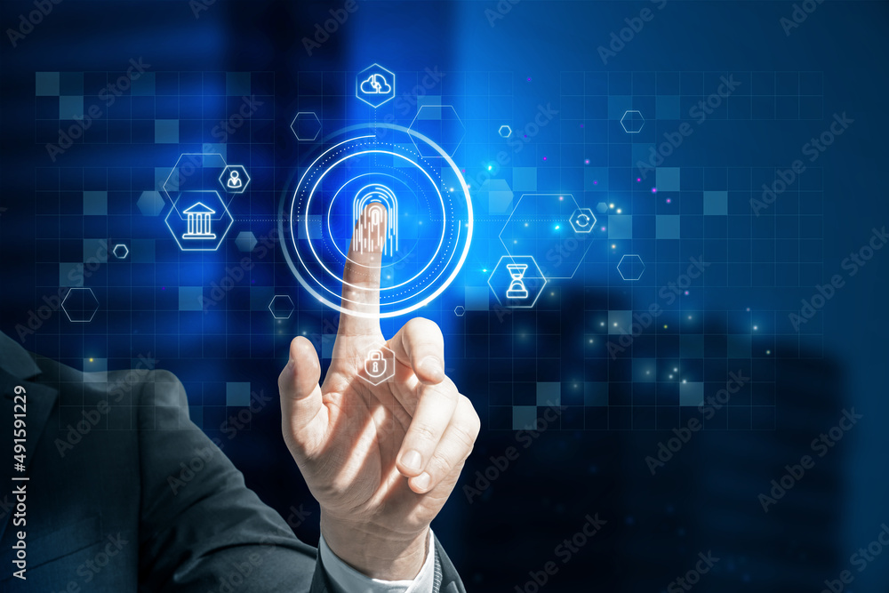 Poster Close up of man hand pointing at abstract glowing id fingerprint web protection and security interface on blurry blue bokeh city background. Identification, cybersecurity and privacy concept. 