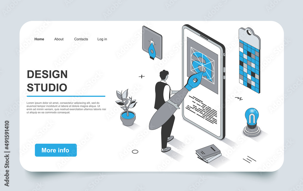 Poster design studio concept in 3d isometric landing page outline design. designer with huge brush draws gr