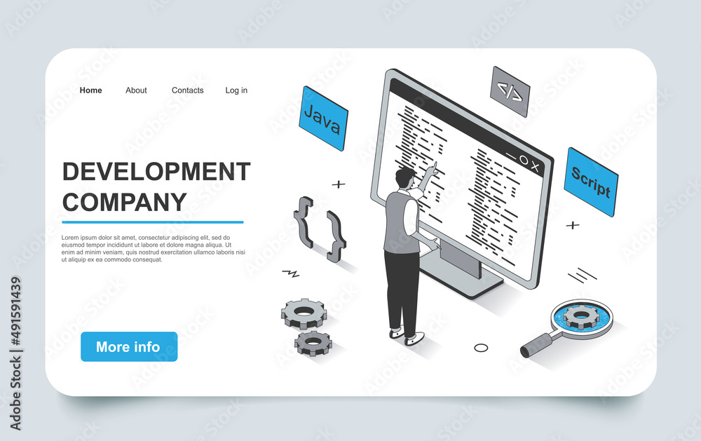 Aufkleber development concept in 3d isometric landing page outline design. developer programs and writes code 