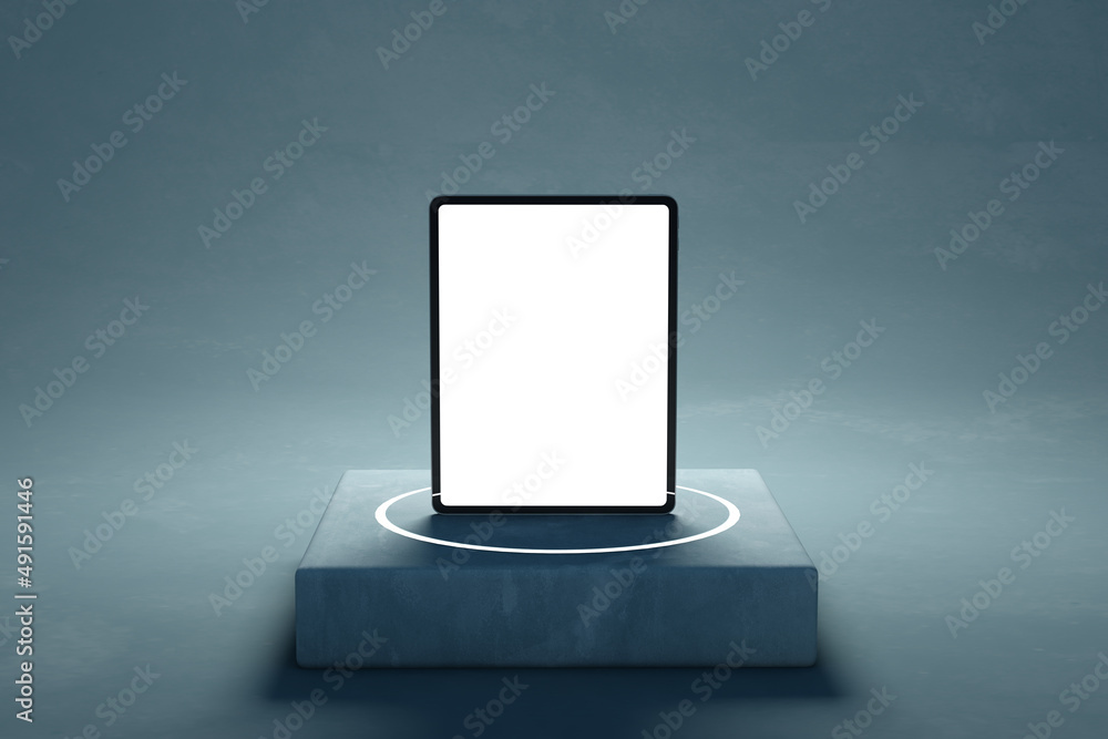 Poster Close up of blank white tablet on concrete pedestal. Technology and device presentation concept. Mock up, 3D Rendering.