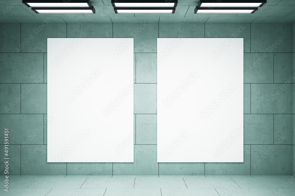 Poster abstract gray grunge concrete interior with light and white mock up poster on wall. 3d rendering.