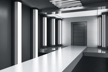 Bright luxury interior with door and reflections. Design concept. 3D Rendering.