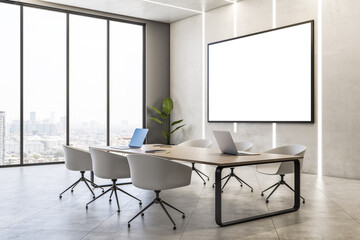 Modern concrete conference room interior with empty white mock up poster, furniture and window with window and city view. Design and workplace concept. 3D Rendering.