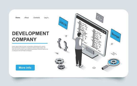 Development concept in 3d isometric landing page outline design. Developer programs and writes code in Java, creates spripts, engineering and optimizes, line web template. Vector illustration.
