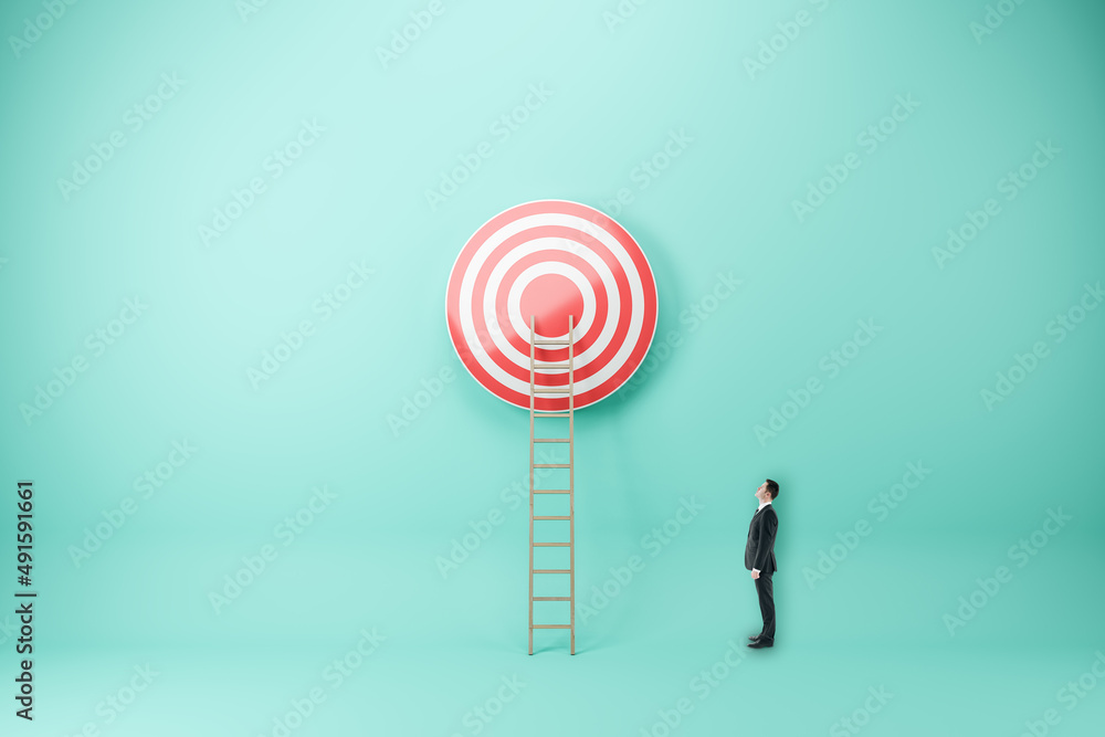 Poster businessman looking at abstract ladder leading to bulls eye target on blue wall background. targetin