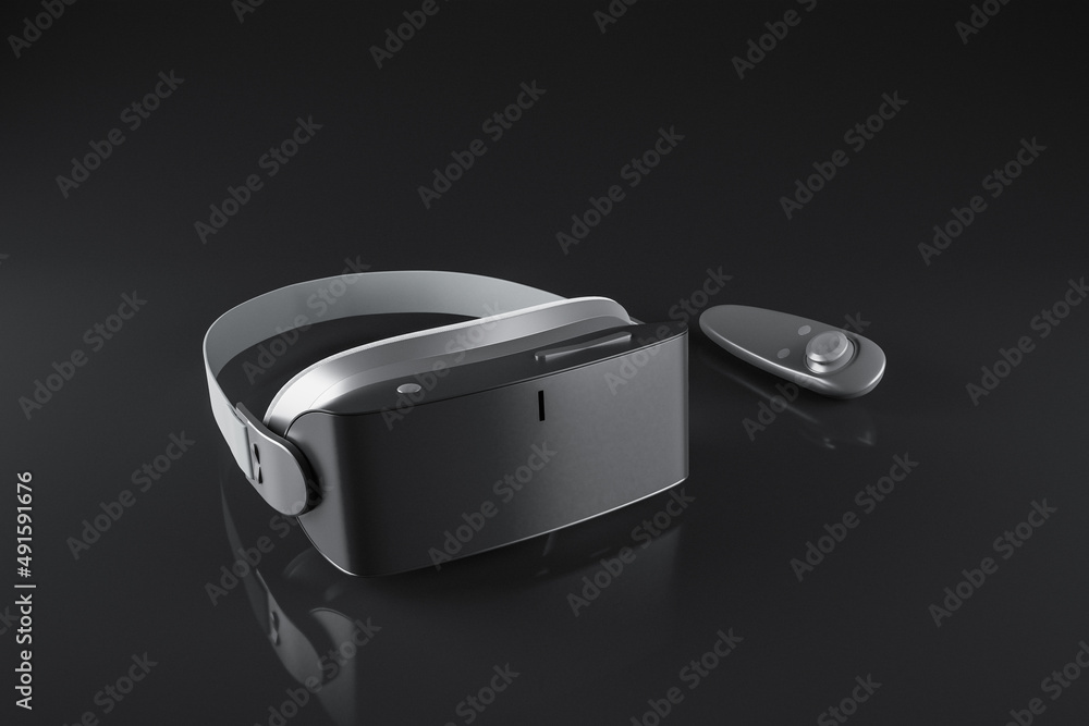 Poster Close up of VR glasses with joystick on black backdrop with reflections. Technology and device concept. 3D Rendering.