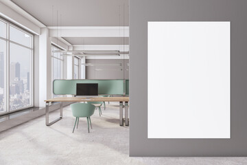 Modern coworking office interior with empty white mock up banner on wall, window and city view, furniture and equipment. Design and workplace concept. 3D Rendering.
