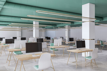 Bright concrete and wooden coworking office or classroom interior with equipment, furniture and computer monitors. Design and workplace concept. 3D Rendering.