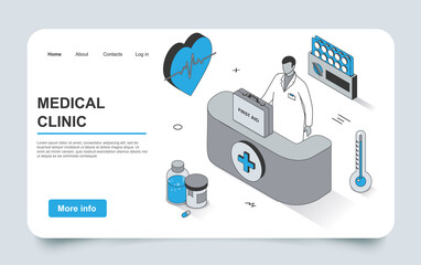 Medicine concept in 3d isometric landing page outline design. Doctor cardiologist provides first aid in clinic, diagnosis of diseases, prescribing drugs, line web template. Vector illustration. - obrazy, fototapety, plakaty