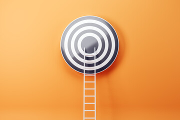 Creative ladder leading to bulls eye target on orange wall background. Targeting, career and aim...