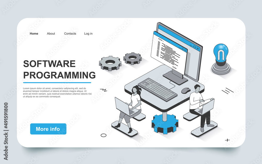 Aufkleber Software programming concept in 3d isometric landing page outline design. Development team programs, tests and optimizes computer programs, works in office, line web template. Vector illustration.