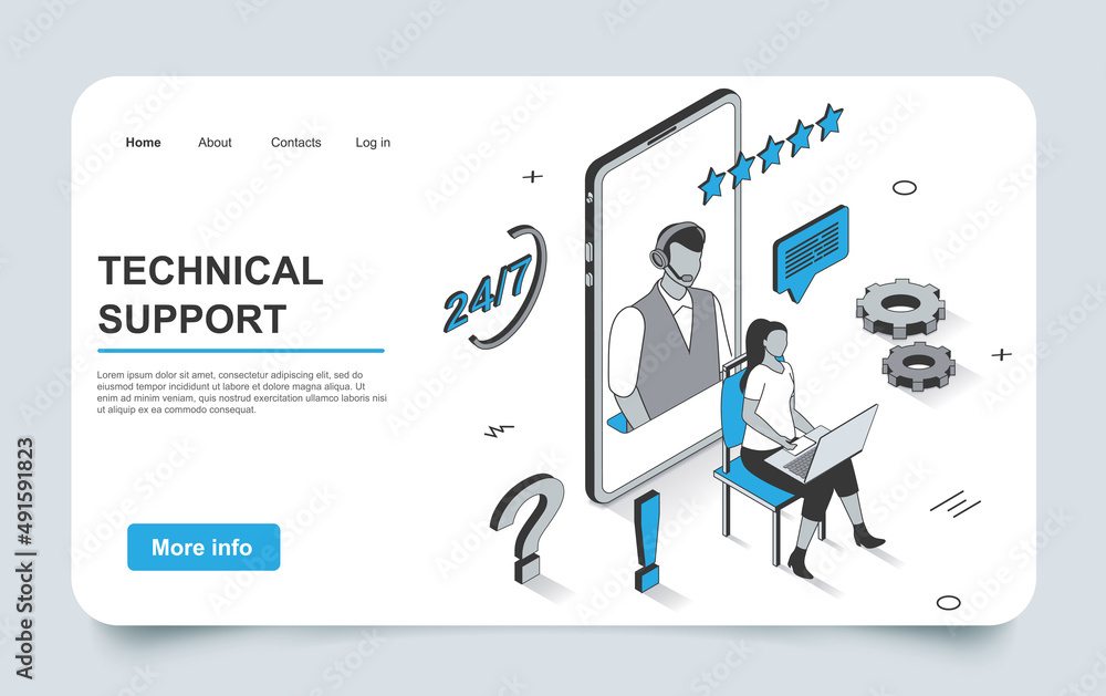 Poster technical support concept in 3d isometric landing page outline design. client writes chat to custome
