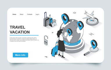 Travel vacation concept in 3d isometric landing page outline design. Woman with luggage chooses directions, search tours, book tickets for plane and hotel, line web template. Vector illustration.