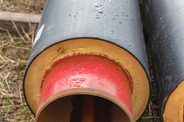 Metal pipes with thermal insulation of the district heating system for minimal heat loss....
