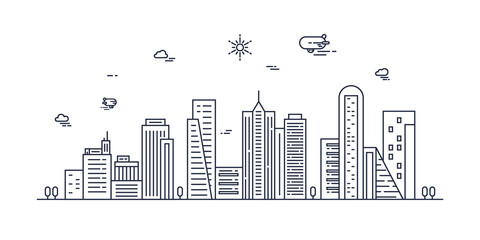 Obraz premium Cityscape. Modern flat line landscape vector. City landscape line art illustration with building, tower, skyscrapers. Vector illustration.