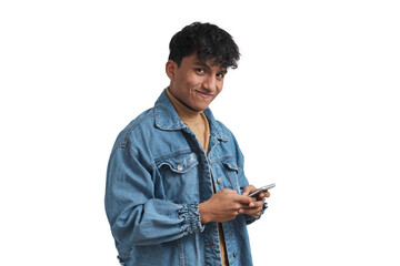 Young peruvian man using smartphone and looking at camera. Isolated over white background. - obrazy, fototapety, plakaty