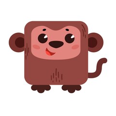 A cartoon cute monkey with a square shape. Square icon for apps or games. Vector illustration isolated on white background