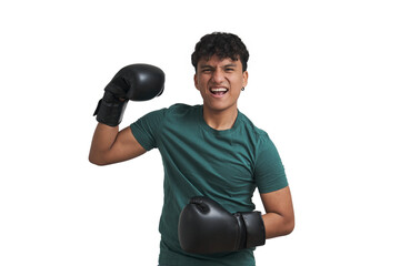 Young peruvian boxer doing a battle cry. Isolated over white background.