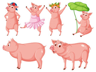 Set of different farm pigs in cartoon style