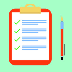 Clipboard checklist with assessment. Paperwork, sheets in folder flat design