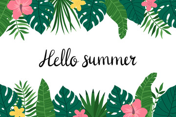 The handwritten phrase Hello summer. Exotic tropical frame with leaves of monstera and palm, hyacinth flower. Vector hand-drawn illustration © Victoria Guzeeva