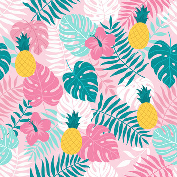Seamless tropical pattern with monstera and palm leaves, hibiscus flower, pineapple. Vector hand-drawn illustration