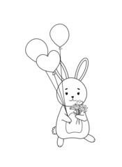 Cute Easter bunny holding balloons and floral bouquet. Vector illustration for coloring page, book for kids.