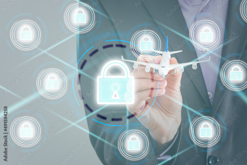 Poster businessman holds an open padlock icon on his palm.unlocking a virtual lock. business concept and te