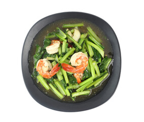 Top view of vegetable dish - stir fried green vegeable with shrimp