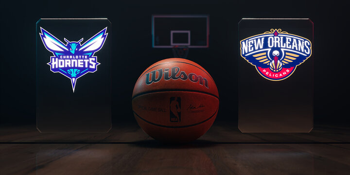 Guilherand-Granges, France - March 09, 2022. NBA basketball in arena with Charlotte Hornets vs New Orleans Pelicans logo. Regular season or Playoffs game concept. 3D rendering.