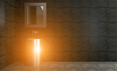 Clean and fresh bathroom with natural light. 3D rendering.. Sunset.